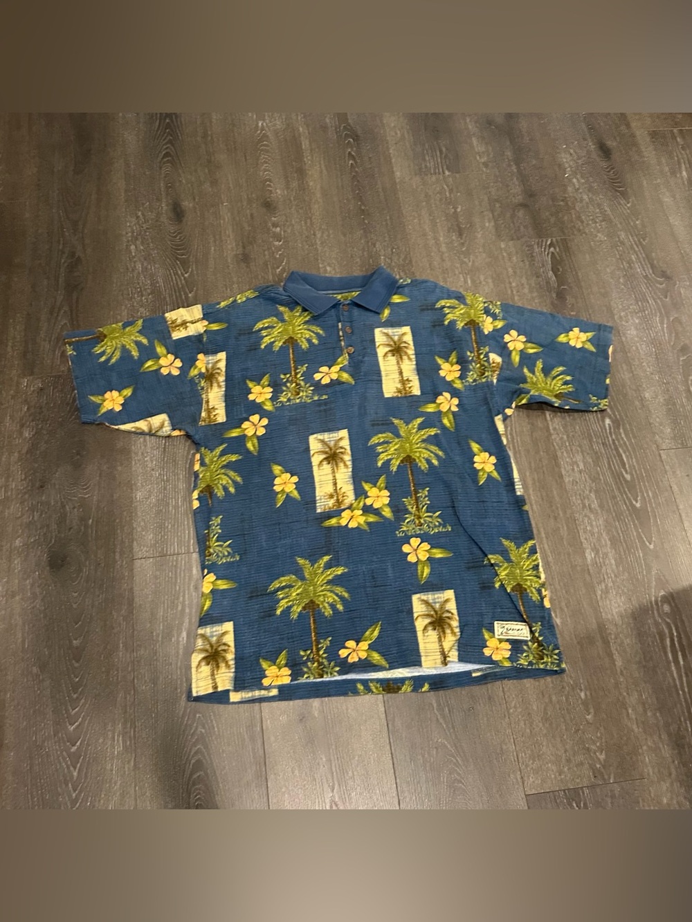 Tommy Bahama Blue Polo with Yellow & Green Tropical Print Mens size L